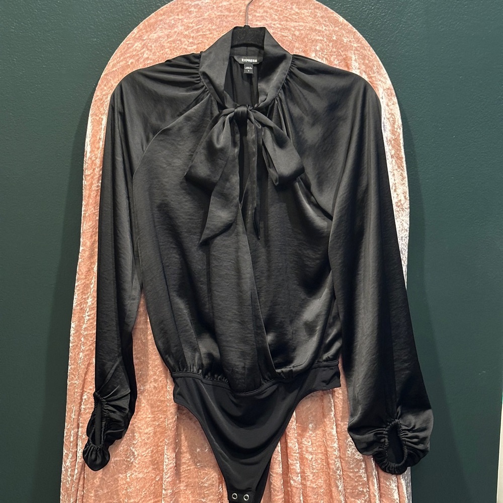 Express Black Satin Bow Bodysuit